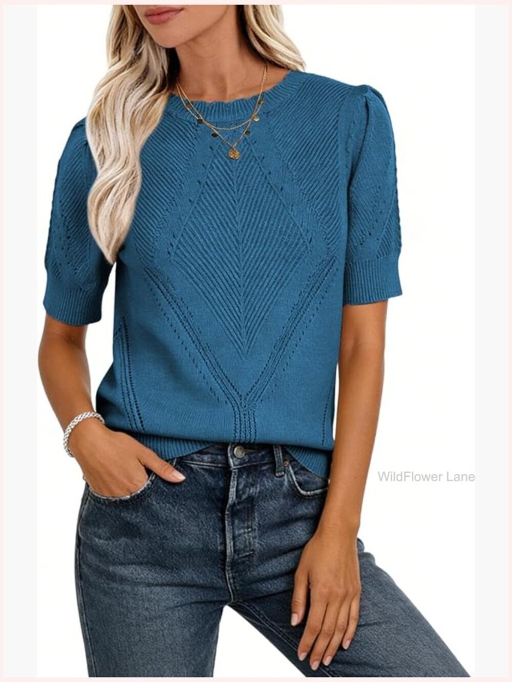 Puff Short Sleeve Knit Top Crew Neck Openwork Casual Work Blouse Lightweight